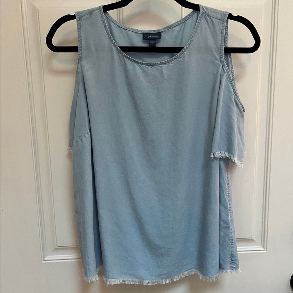 J.Jill‎ chambray off shoulder top frayed edge size XS oversized